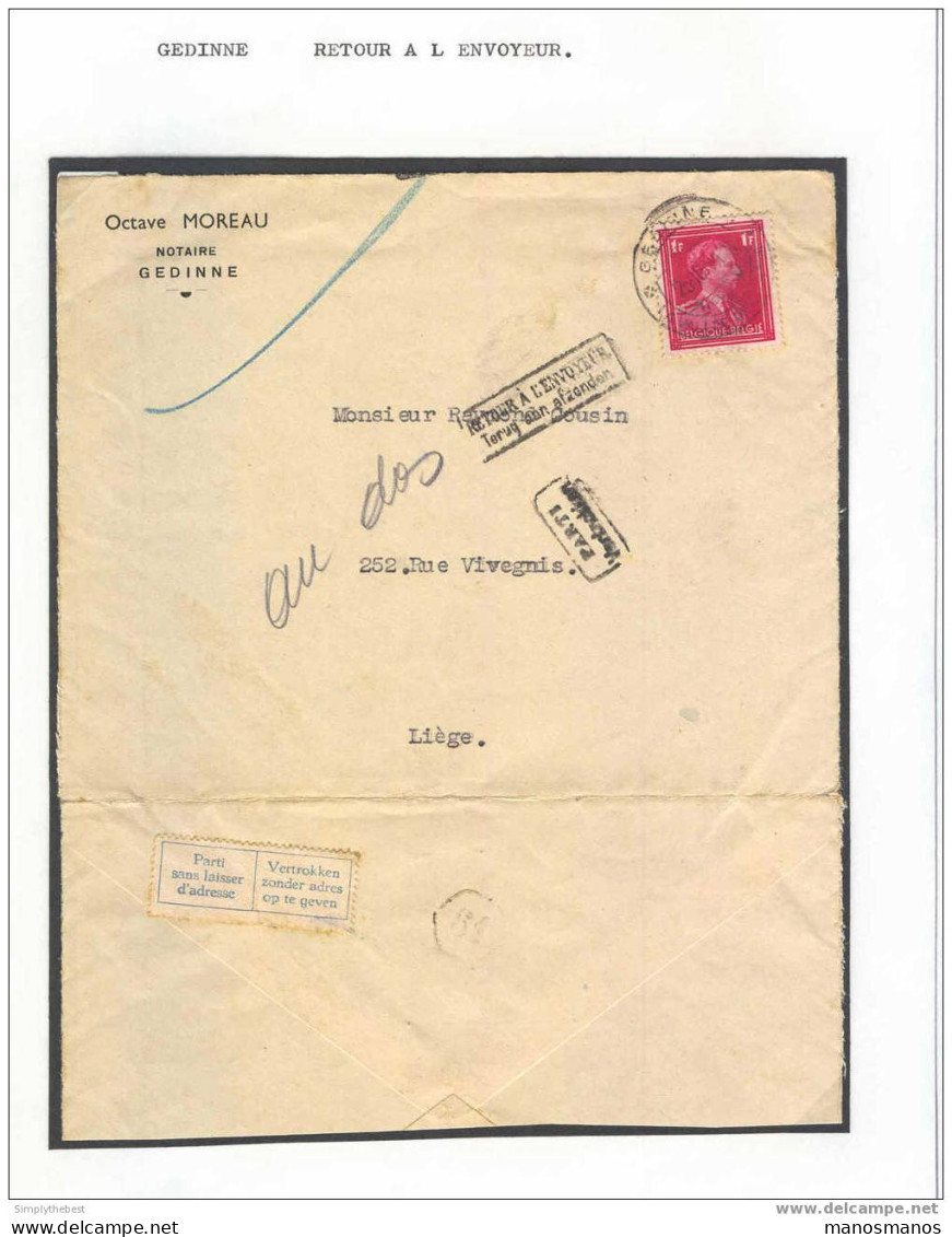 Lettre Entete Notaire Moreau à GEDINNE 1941 TP Col Ouvert Vers LIEGE - PARTI Et RETOURS   --  EE400 - 1934-1935 Leopold III