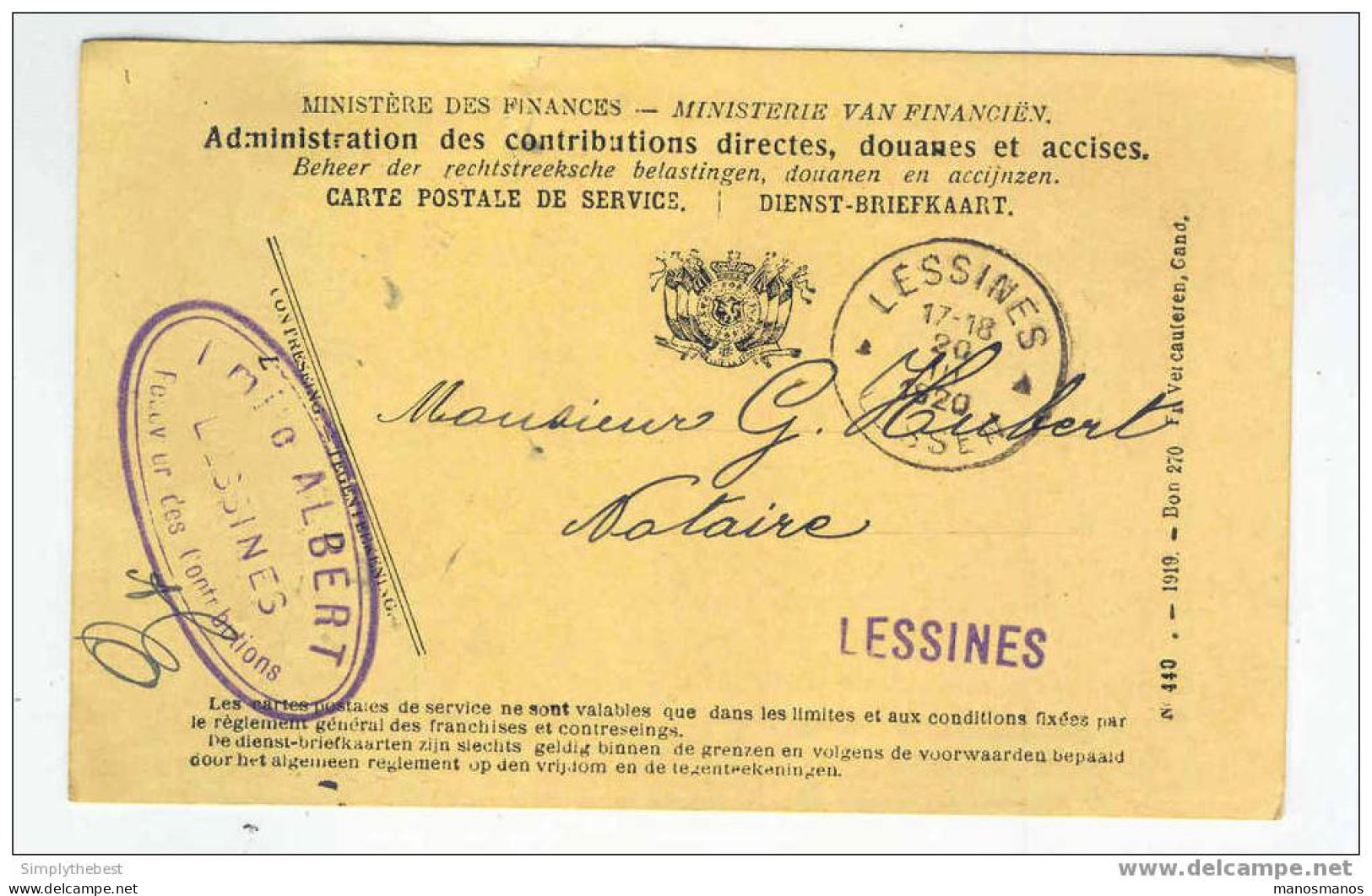 Carte De Service En FRANCHISE LESSINES 1920 Vers Le Notaire Hubert à LESSINES   --  EE402 - Franchise