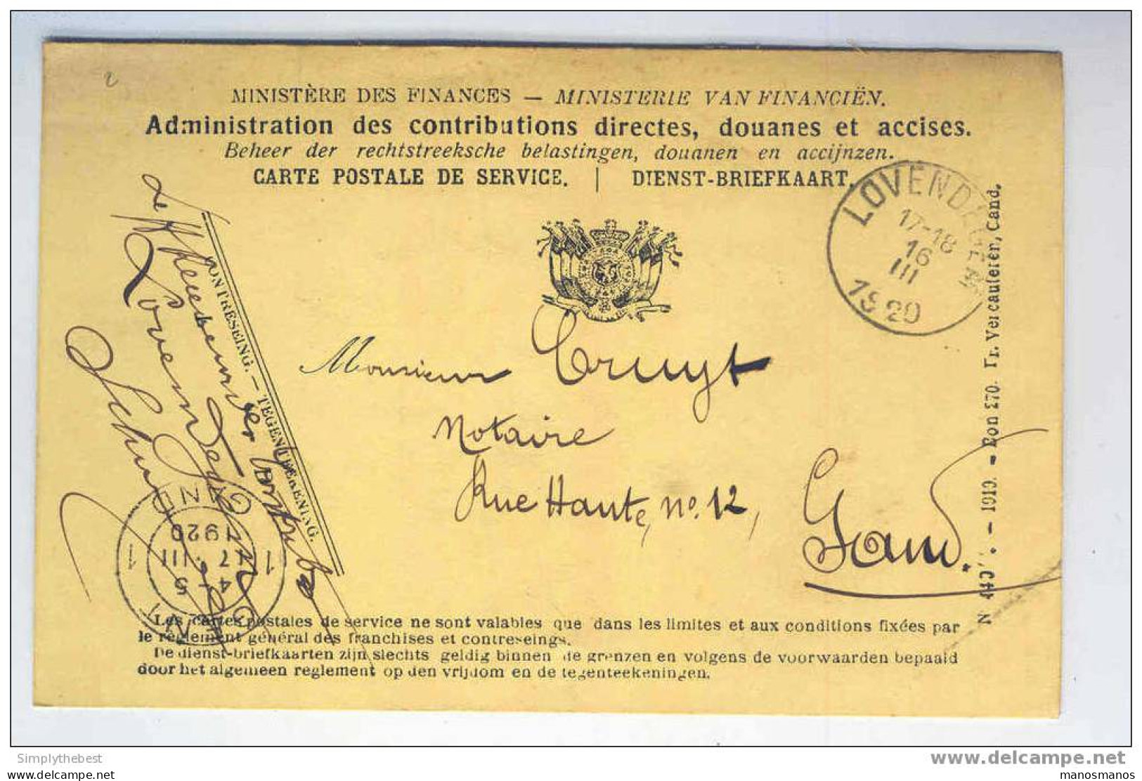 Carte De Service En FRANCHISE LOVENDEGEM 1920 Vers Le Notaire Cruyt à GAND   --  EE401 - Franquicia