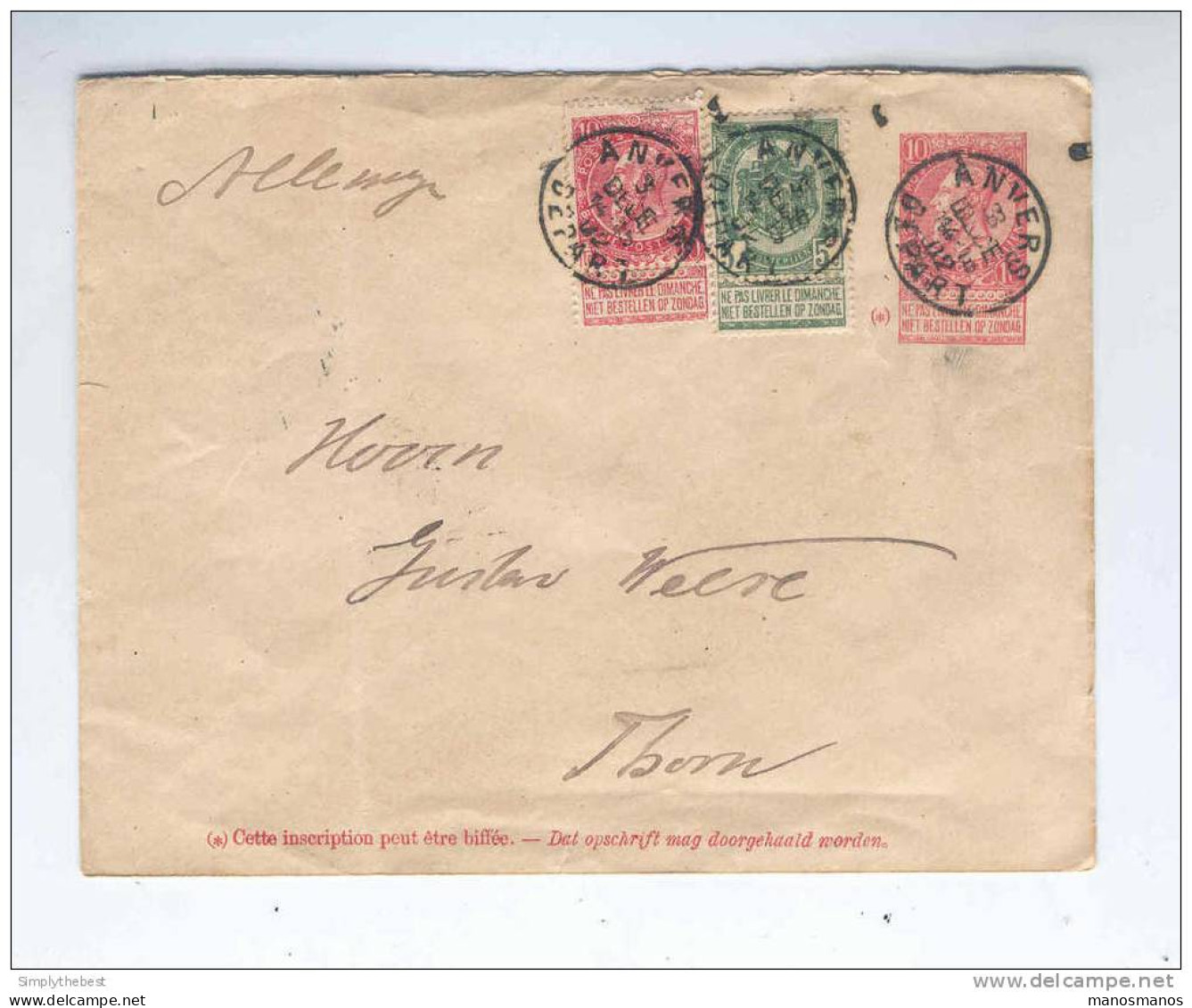 Enveloppe Fine Barbe 10 C + Divers TP ANVERS 1902 Vers Allemagne - TARIF 25 C  --  GG997 - Enveloppes