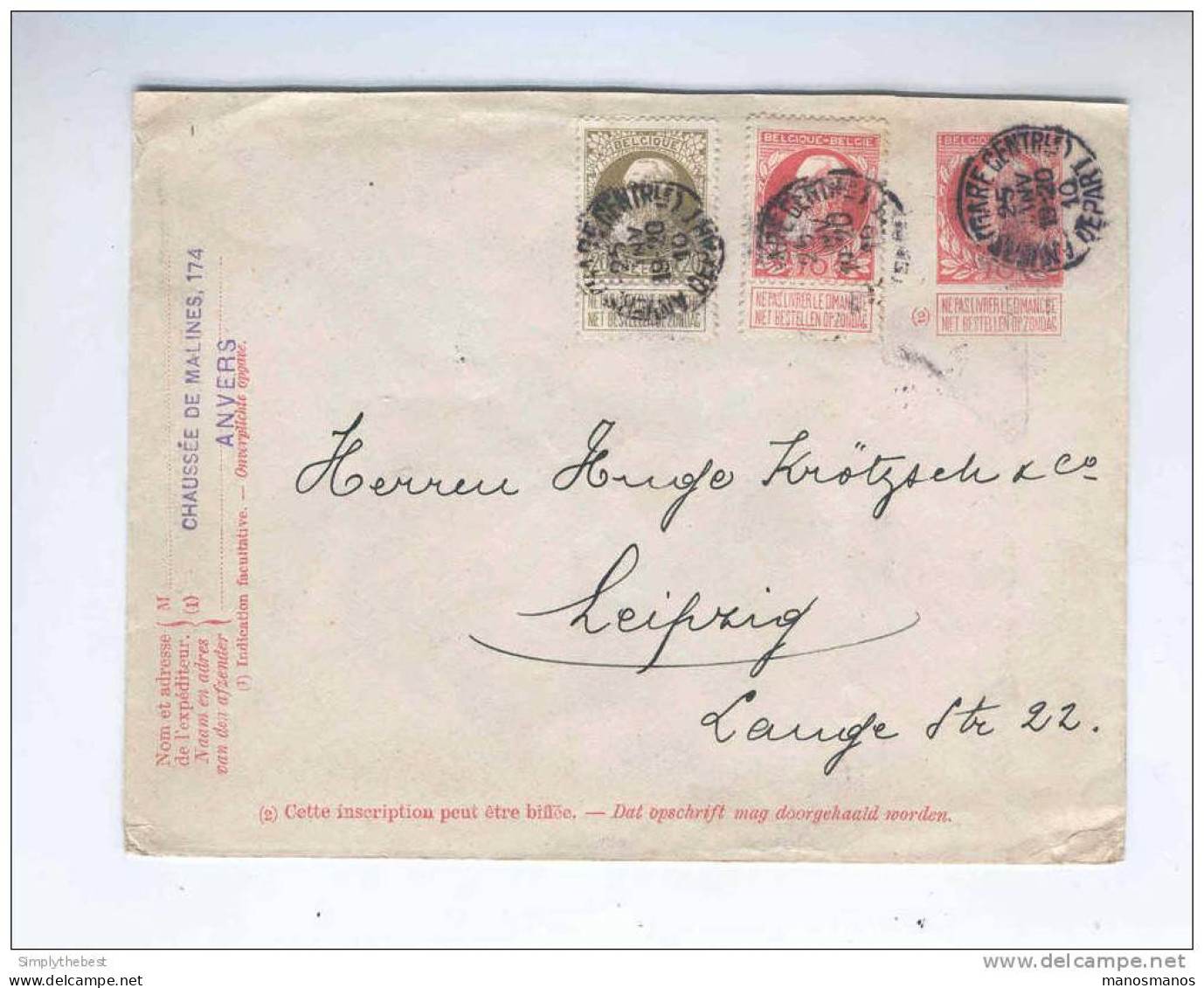 Enveloppe Grosse Barbe 10 C No 13 ( Cote 1500 ) + TP 74 Et 75 ANVERS 1910 Vers Allemagne  --  GG999 - Covers