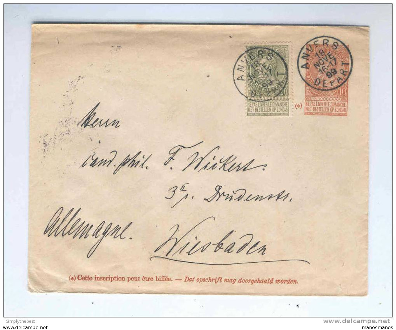 Enveloppe Fine Barbe 10 C + TP 59 Fine Barbe ANVERS 1899 Vers Allemagne - Combinaison Peu Fréquente  --  GG991 - Covers