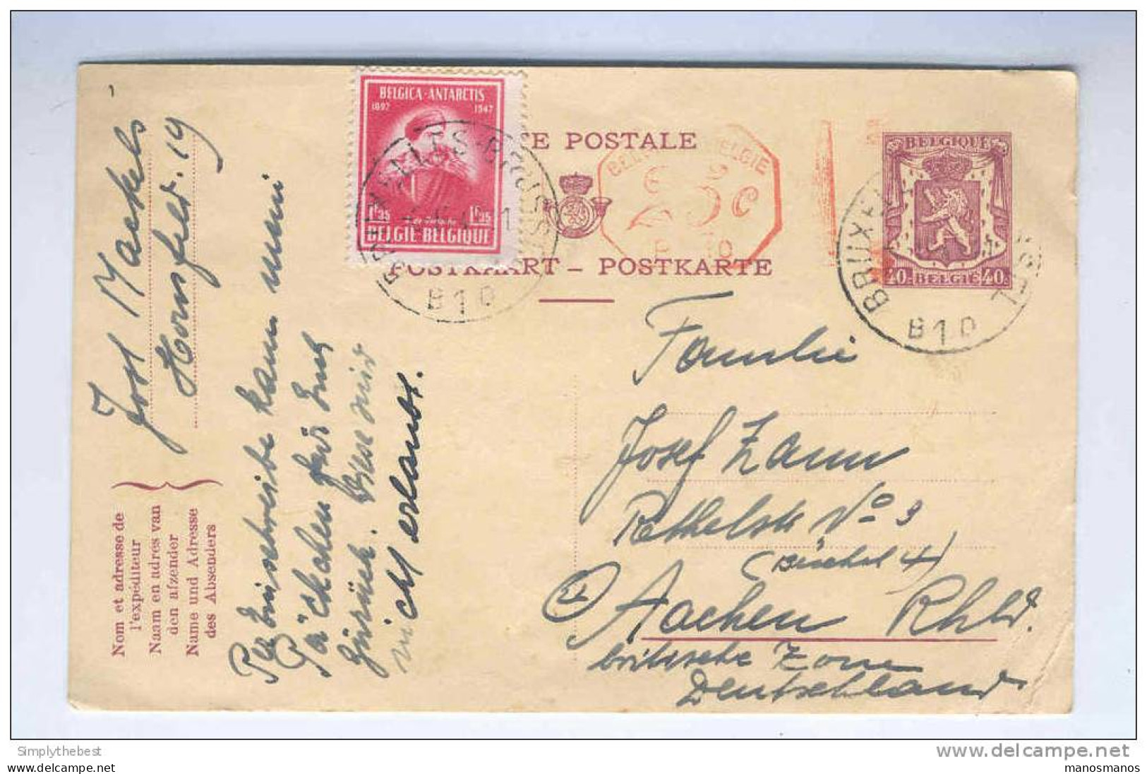 Entier Postal 40 C Sceau De L'Etat TRILINGUE + Timbre Antarctique BXL 1948 Vers AACHEN   --  GG970 - Postcards 1934-1951