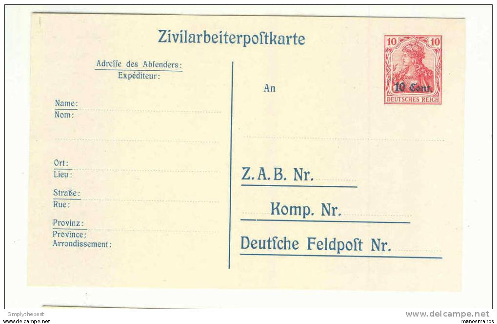 ZIVILARBEITERPOSTKARTE Germania No 3 - Etat Neuf   --   GG832 - German Occupation