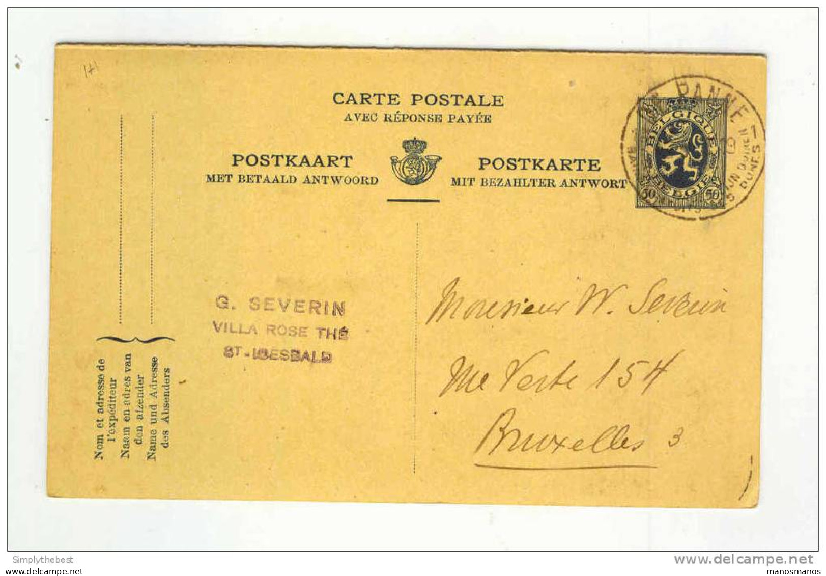 Entier Postal 50 C Lion Héraldique Avec Réponse TRILINGUE DE PANNE   --  GG962 - Cartoline 1909-1934