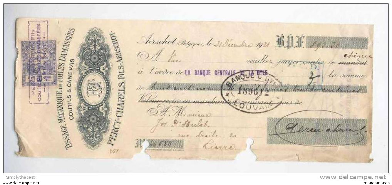Chèque à Ordre 1922 Timbre Fiscal 20 C - Entete Tissage Mécanique Percy-Charels à AERSCHOT  --  GG782 - Documentos