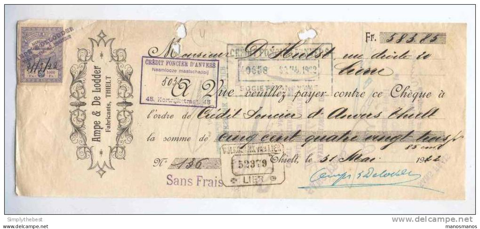 Chèque à Ordre 1922 Timbre Fiscal 20 C - Entete Ampe§ De Lodder , Fabricants à THIELT  --  GG781 - Dokumente