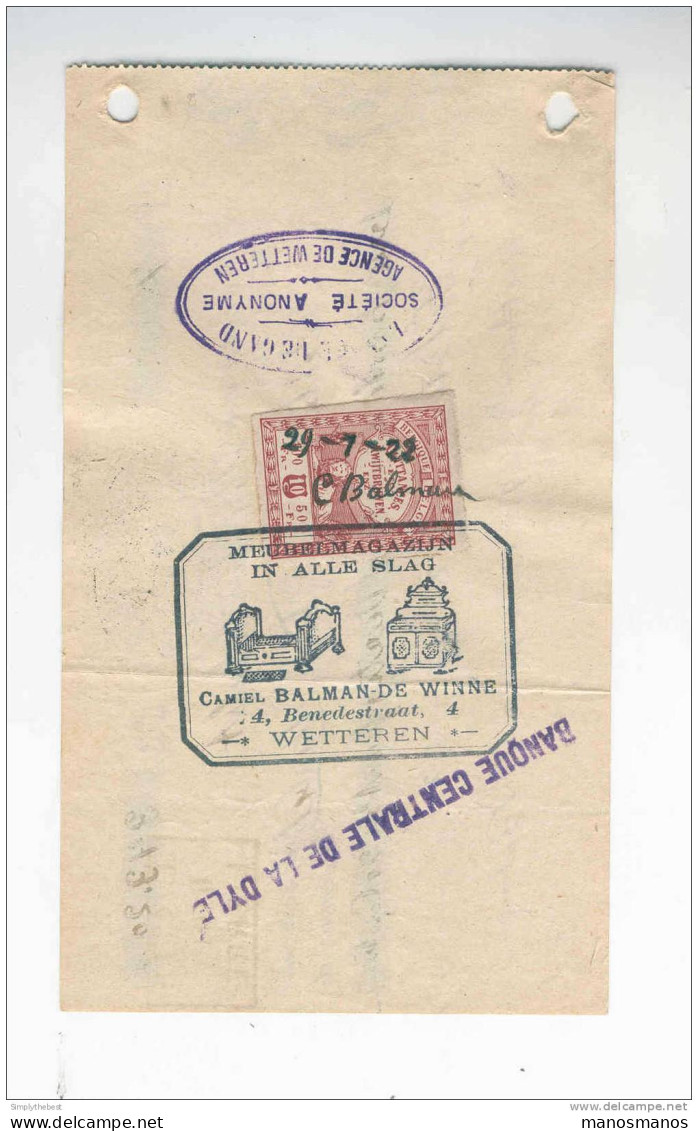 Reçu 1922 Timbre Fiscal 10 C - SUPERBE Cachet Illustré Meubelmagazijn Balman-De Winne à WETTEREN   --  GG775 - Documenten