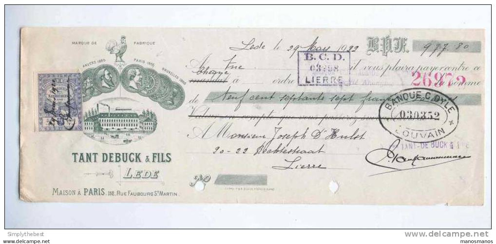Chèque à Ordre 1922 Timbre Fiscal 20 C - Entete Illustrée Tant Debuck § Fils à LEDE - Médailles EXPOS  --  GG788 - Dokumente