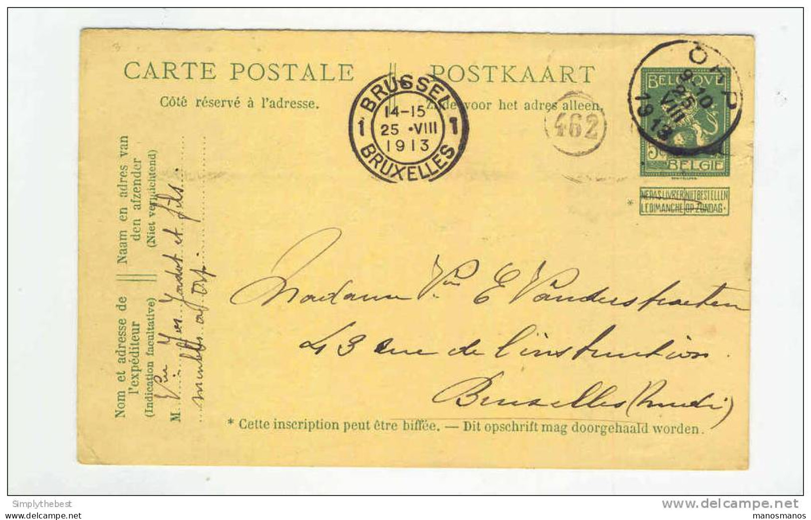 Entier Postal 5 C Pellens Simple Cercle ORP 1913 - Cachet Privé Veuve Jadot Et Fils , Meubles   --  GG639 - Cartoline 1909-1934