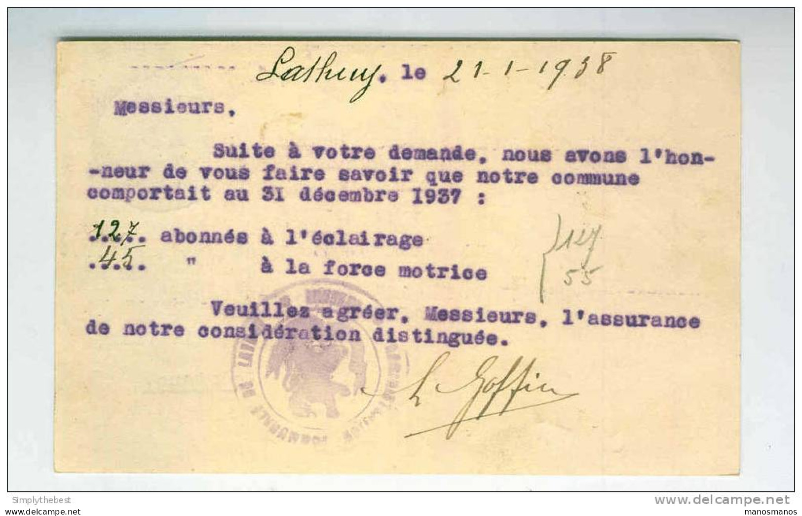 Entier Postal 35 C Sceau De L'Etat JODOIGNE 1938 - Cachet Administration Communale De LATHUY   --  GG642 - Tarjetas 1934-1951