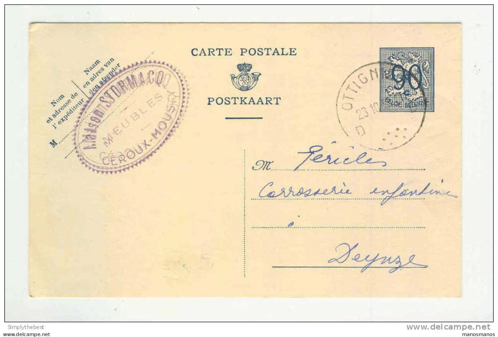 2 X Entier Postal 65 C 1947 Et 90 C 1952 OTTIGNIES - 1 Cachet Privé Meubles Stormacq à CEROUX-MOUSTY  --  GG643 - Cartes Postales 1934-1951