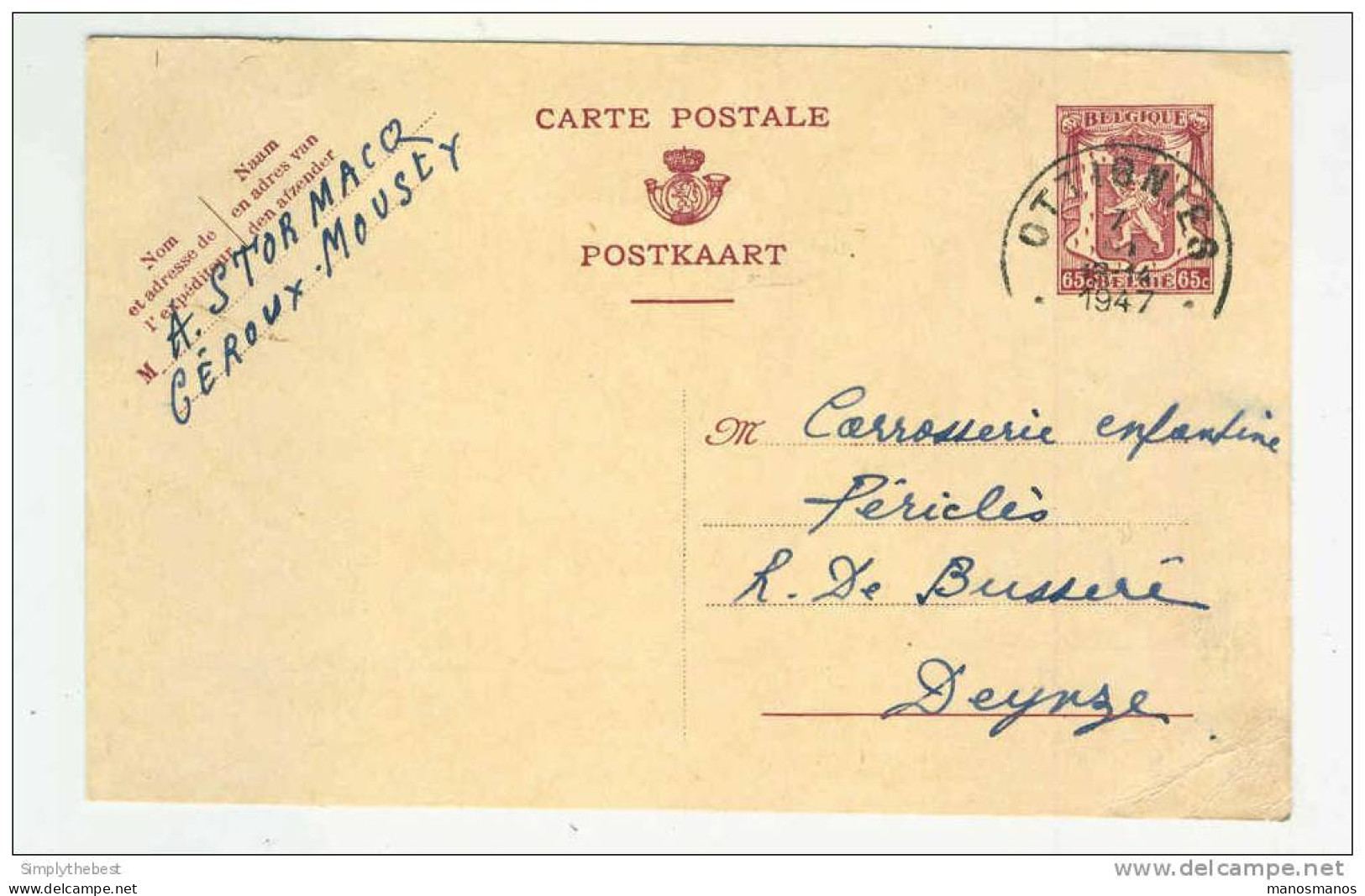 2 X Entier Postal 65 C 1947 Et 90 C 1952 OTTIGNIES - 1 Cachet Privé Meubles Stormacq à CEROUX-MOUSTY  --  GG643 - Postcards 1934-1951