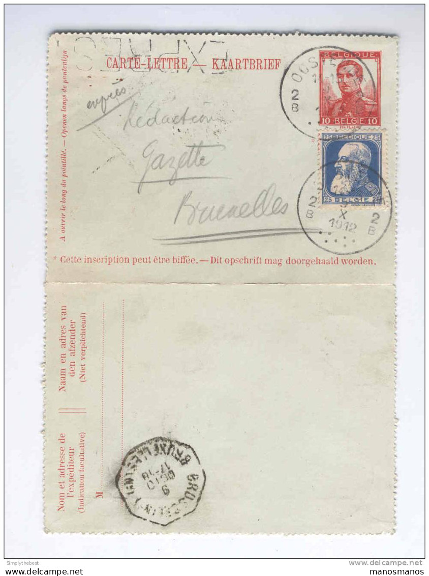 Carte-Lettre 10 C Pellens + Grosse Barbe 25 C En Mixte  EXPRES OSTENDE 1912 Vers Télégr. BRUXELLES NORD  - GG503 - Letter-Cards