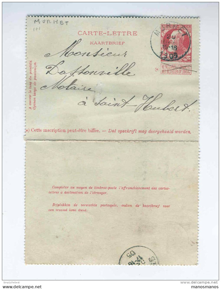 Carte-Lettre 10 C Grosse Barbe MORHET 1905 Vers Notaire ST HUBERT - Origine Manuscrite Pierlot , Fermier à SURE  - GG502 - Postbladen