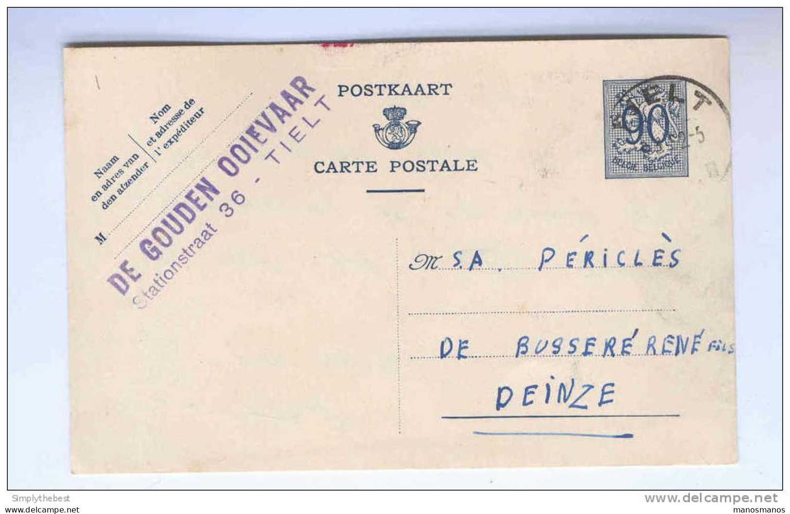 Entier Postal 90 C Lion Héraldique TIELT 1952 - Cachet Privé De Gouden Ooievaar , Stationstraat - GG498 - Cartes Postales 1951-..