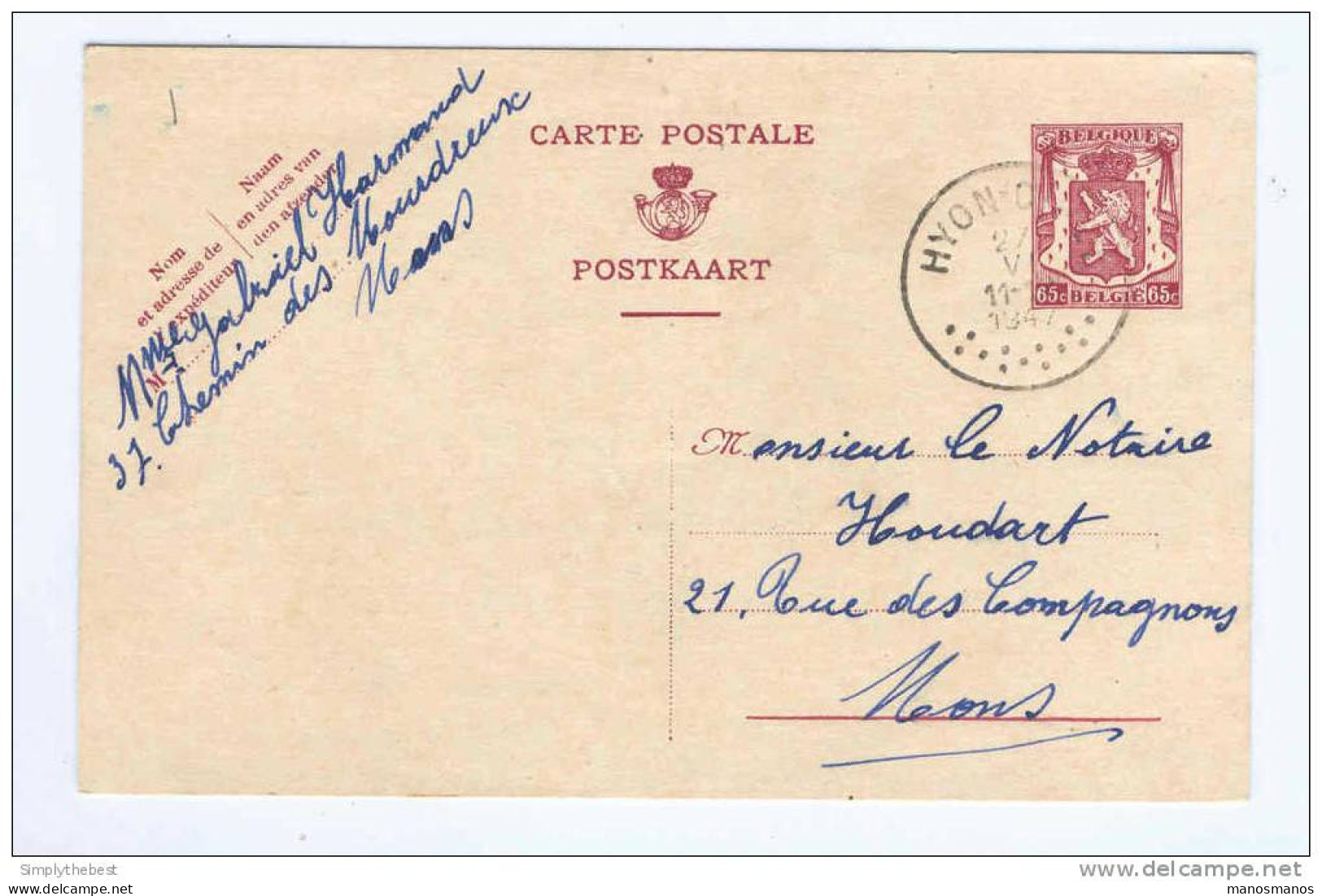 Entier Postal 65 C Sceau De L'Etat HYON-CIPLY 1947 Vers Notaire Houdart   - GG492 - Briefkaarten 1934-1951