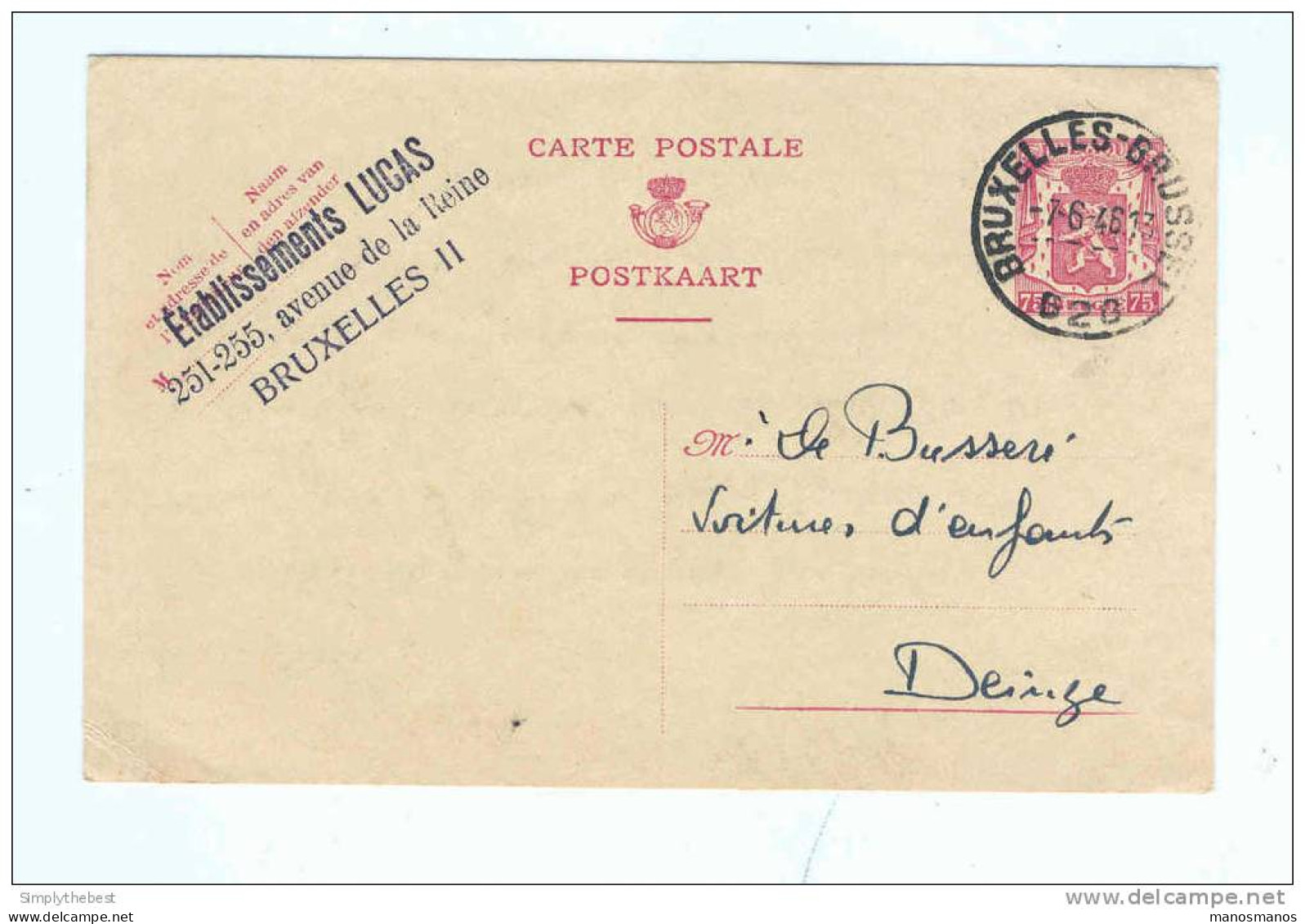 2 X Entier Postal 65 Et 75 C Sceau De L'Etat BXL 2 1946 - Cachets Privés Voitures D'Enfants Lucas à LAEKEN  - GG500 - Postkarten 1934-1951