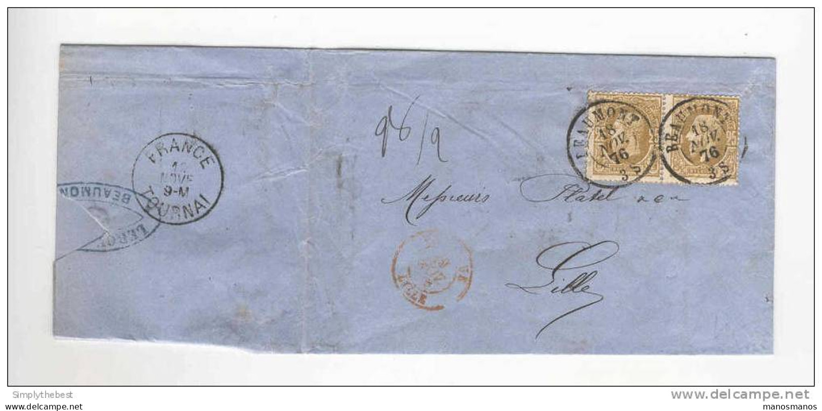 Lettre Pesante 28 G TP No 32 X 2 Double Cercle BEAUMONT 1876 Vers LILLE - Passage France Tournai    --  JJ240 - Grenzübergangsstellen