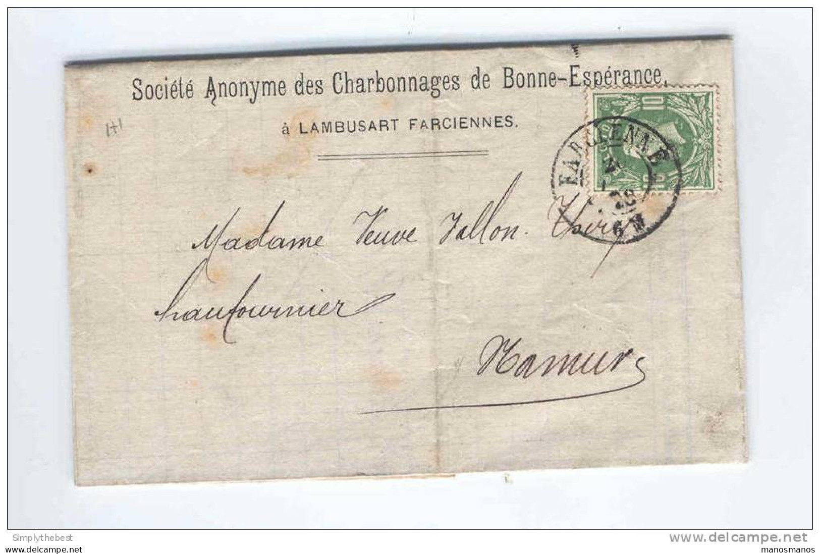 Lettre TP No 30 Cachet Double Cercle FARCIENNE 1876 - Entete Charbonnage Bonne-Espérance à LAMBUSART  --  COL224 - 1869-1883 Léopold II