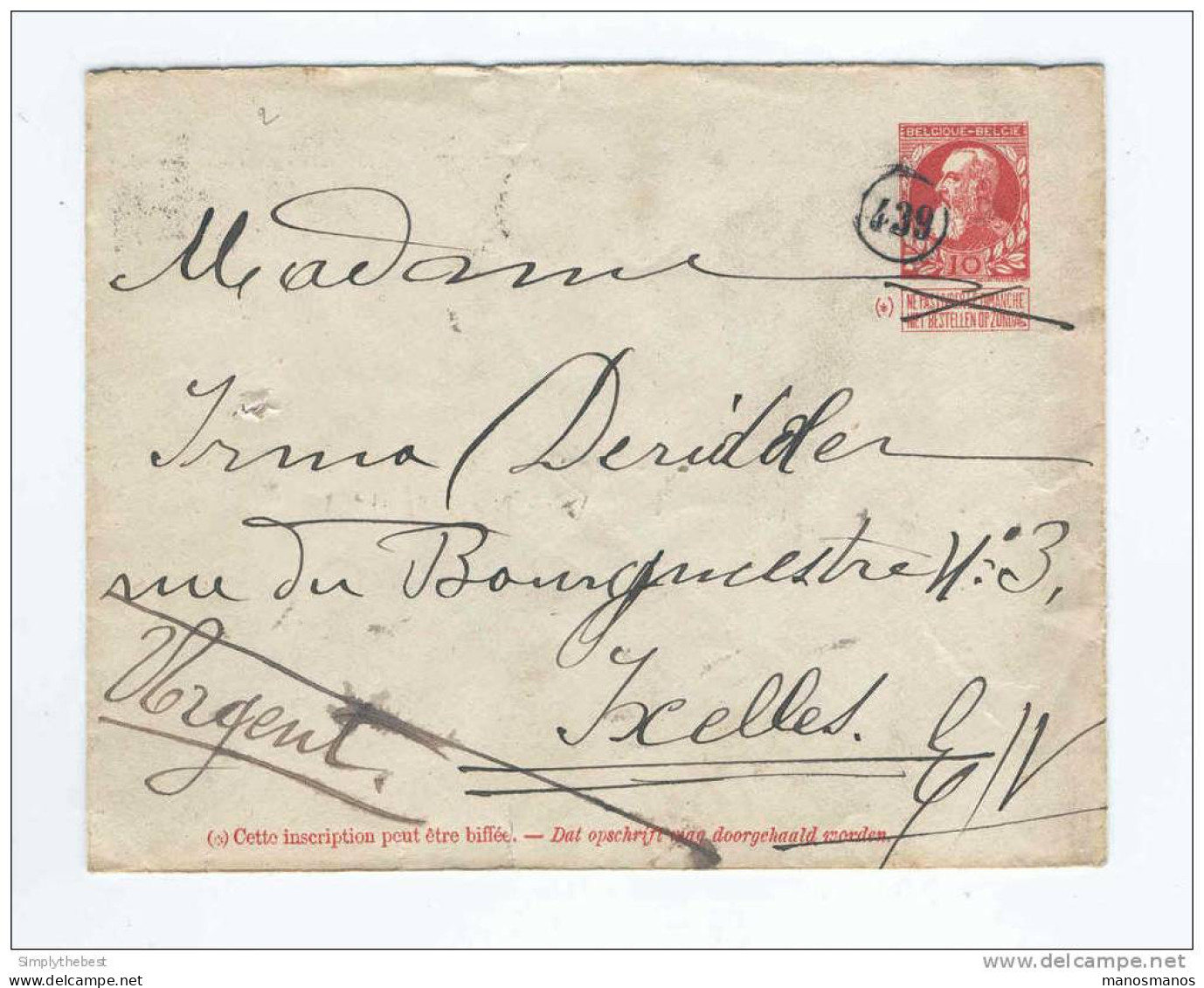 Enveloppe 10 C Grosse Barbe De BRUXELLES 1913 En Ville - Cachet Mécanique Au Verso , Annulation FACTEUR 439   -- HH/516 - Covers