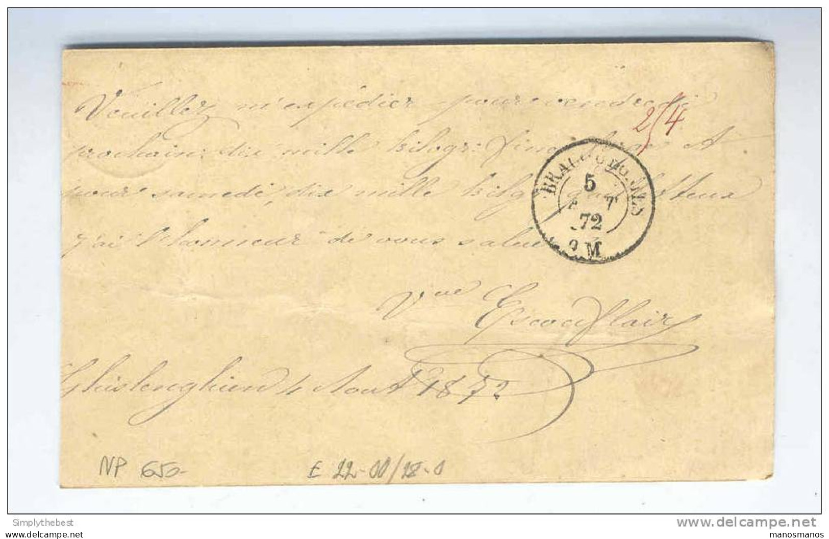 Entier Postal No 1 Cachet  Double Cercle GHISLENGHIEN 1872 -- HH/522 - Postkarten 1871-1909