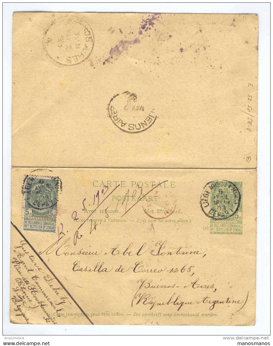 Entier Postal 5 C Armoiries Avec Réponse Neuve LIEGE 1903 Vers BUENOS AIRES Argentine  -- HH/497 - Postkarten 1871-1909