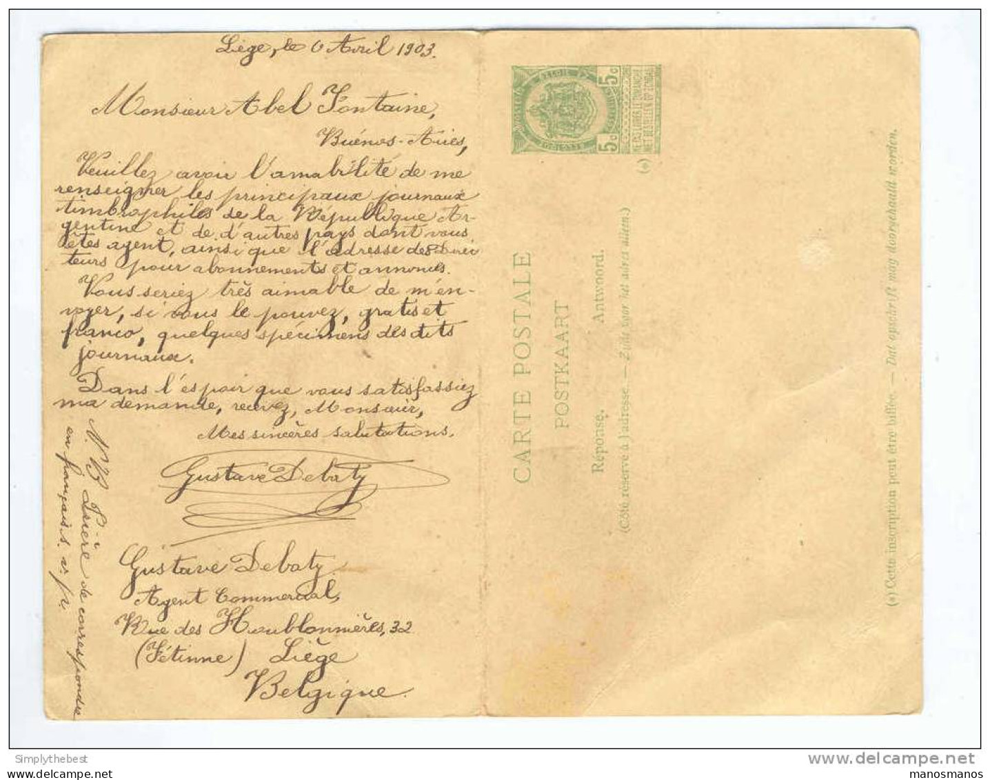 Entier Postal 5 C Armoiries Avec Réponse Neuve LIEGE 1903 Vers BUENOS AIRES Argentine  -- HH/497 - Postkarten 1871-1909