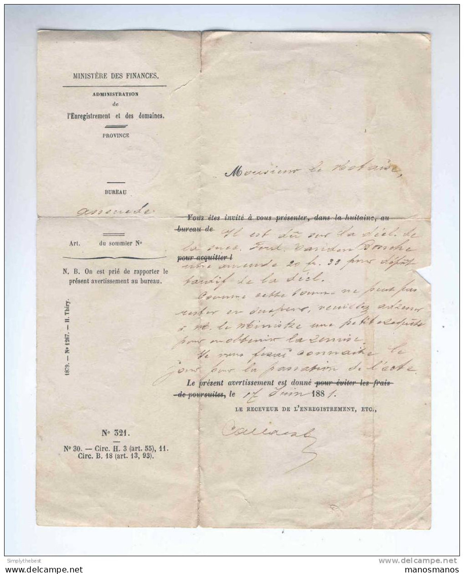 Courrier Du Ministère Des Finances En Franchise ASSENEDE 1884 Vers Notaire De Maeyer à GAND  --  HH/114 - Portofreiheit