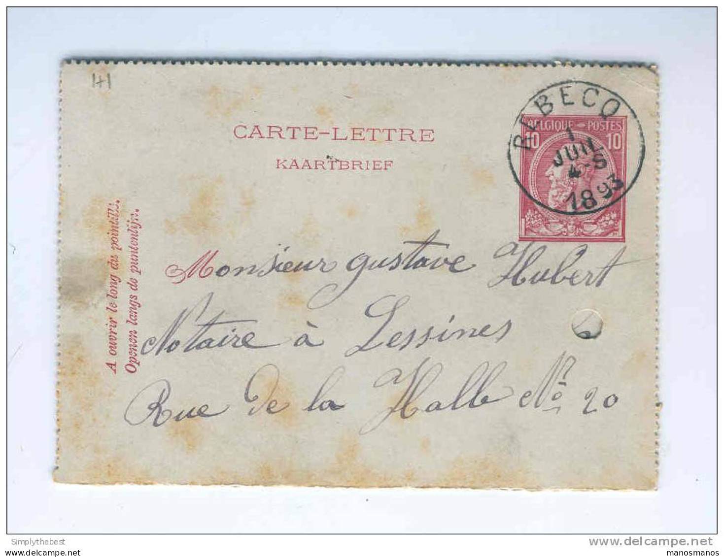 Carte-Lettre Type No 46 Cachet Simple Cercle REBECQ 1893 - Origine Manuscrite QUENAST   --  HH/028 - Postbladen