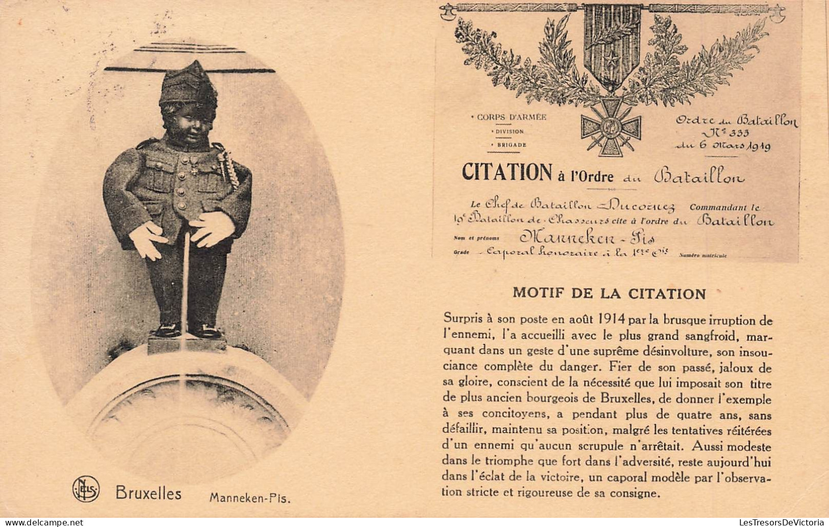 BELGIQUE - Bruxelles - Manneken Pis - Citation à L'ordre Du Bataillon - Carte Postale Ancienne - Bauwerke, Gebäude