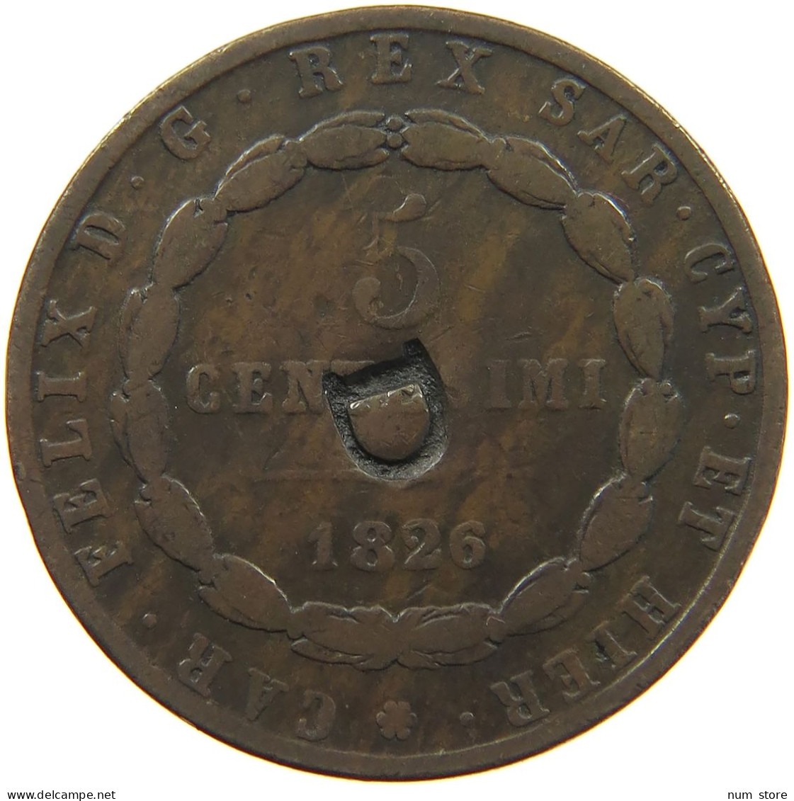 ITALY STATES SARDINIA 5 CENTESIMI 1826 D COUNTERMARKED D #t009 0197 - Italian Piedmont-Sardinia-Savoie