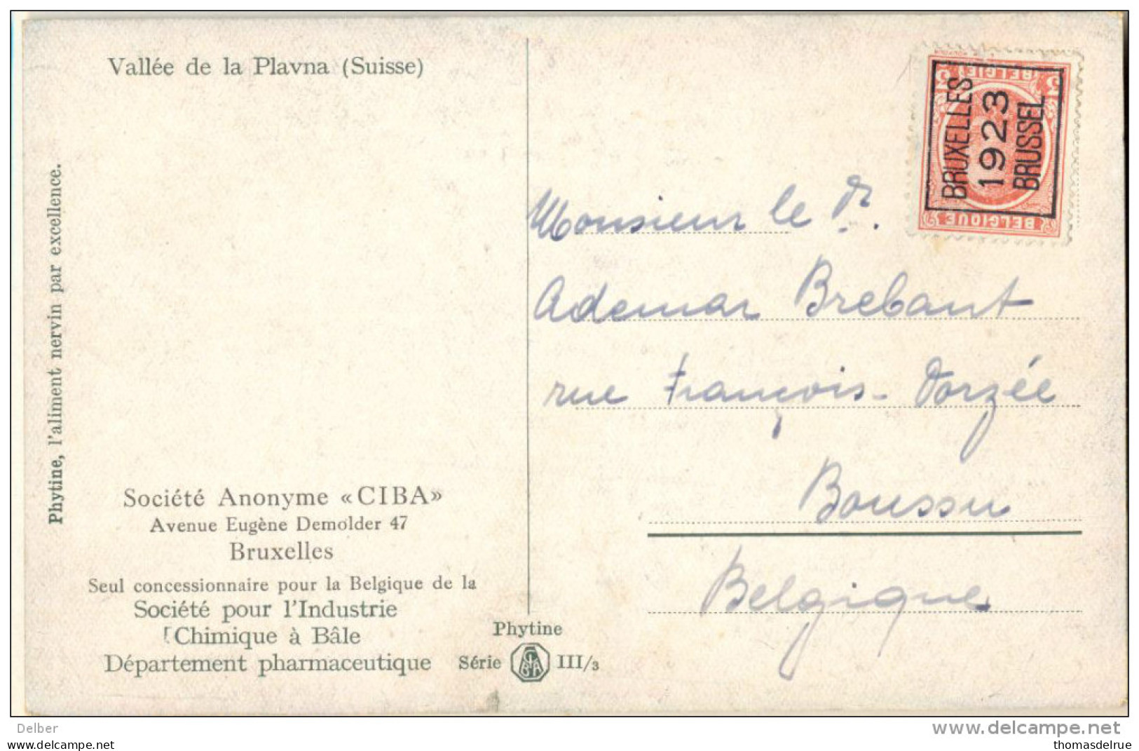 4cp-422: N° 78 B /  Pk:  Phytine Série III /3  Vallée De La Plavna (Suisse) BRUXELLES 1923 BRUSSEL - Tipo 1922-26 (Alberto I)