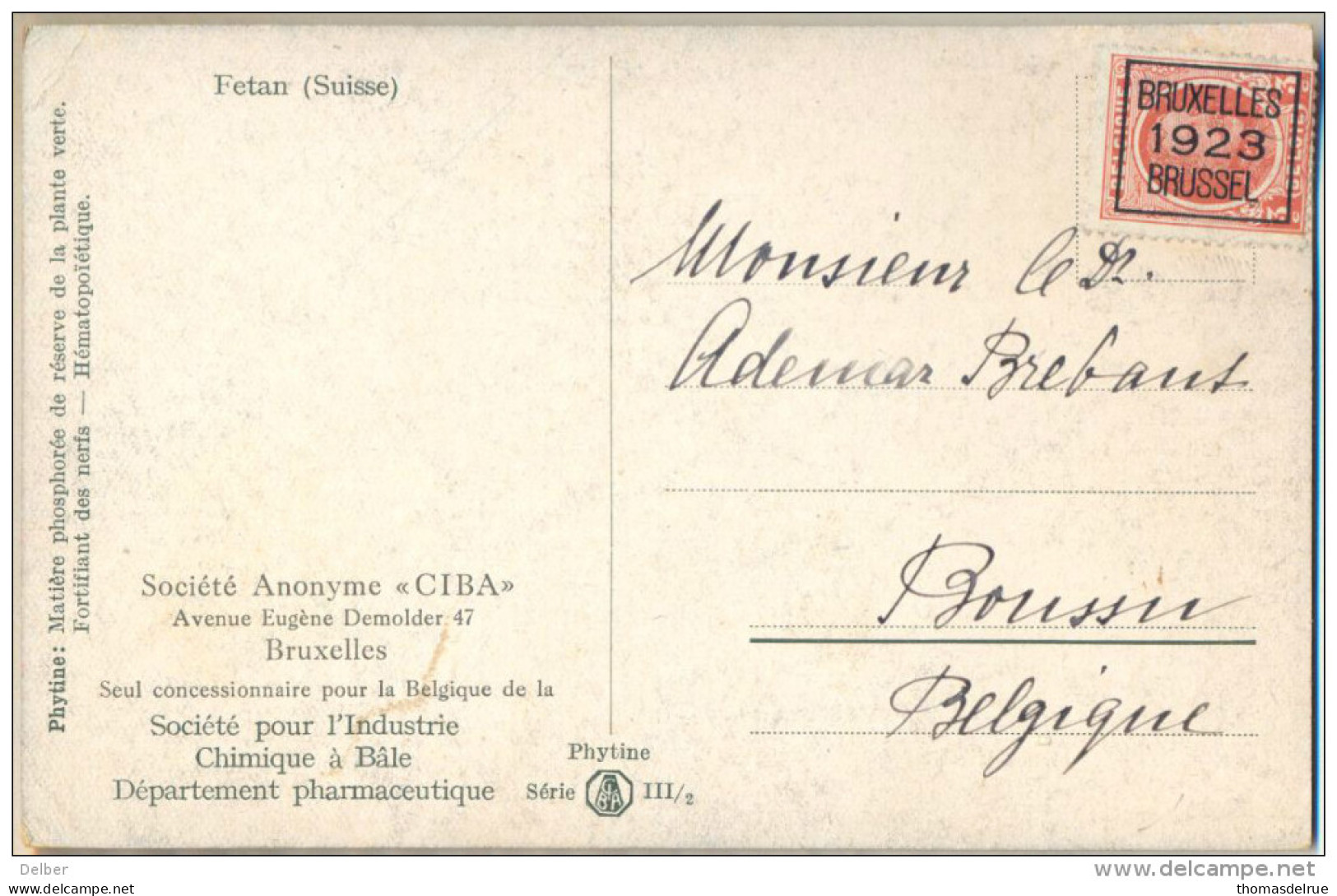 4cp-421: N° 78 B /  Pk:  Phytine Série III /2  Petan (Suisse) BRUXELLES 1923 BRUSSEL - Typografisch 1922-26 (Albert I)