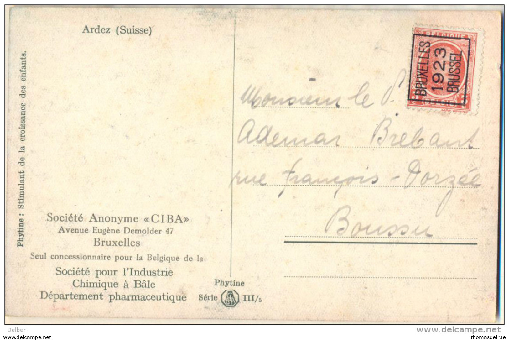 4cp-423: N° 78 B /  Pk:  Phytine Série III /5  Ardez (Suisse) BRUXELLES 1923 BRUSSEL - Tipo 1922-26 (Alberto I)