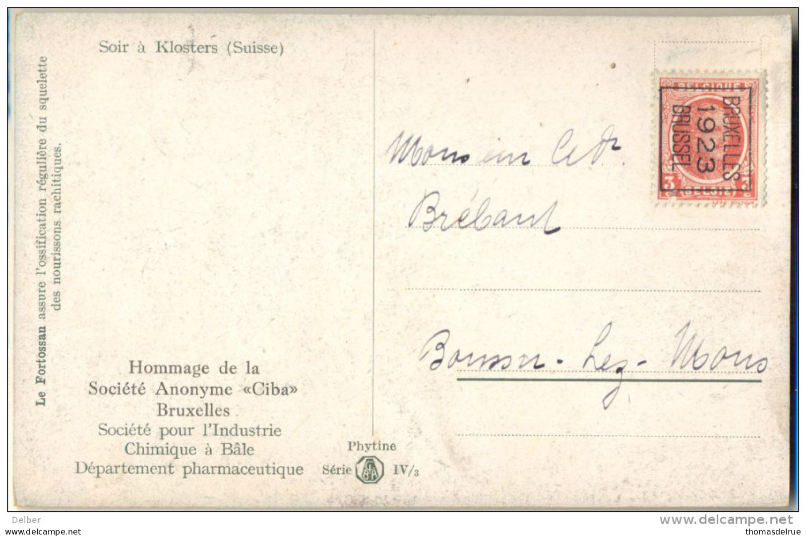 4cp-424: N° 78 B /  Pk:  Phytine Série IV /3  Soir à Klosters (Suisse)  BRUXELLES 1923 BRUSSEL - Typos 1922-26 (Albert I.)