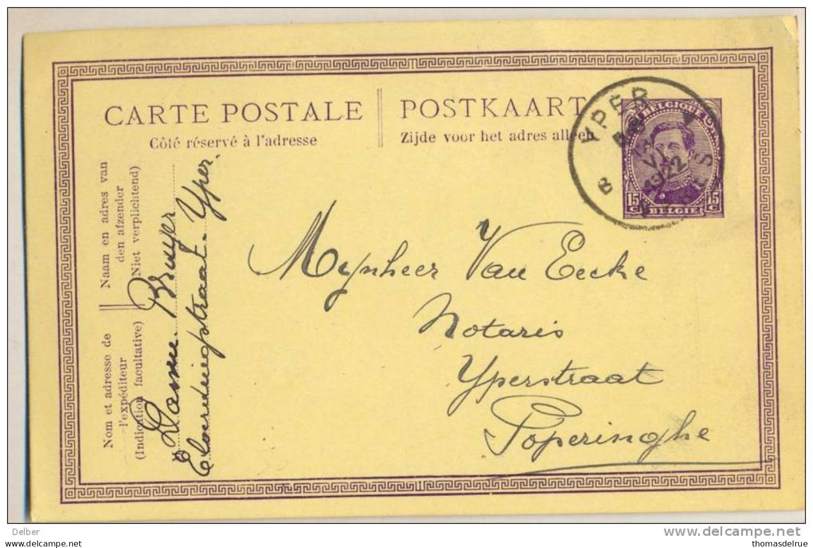 _KV772:CARTE POSTALE POSTKAART: 15 C. B YPER ^ YPRES 1922 > Poperinghe - Altri & Non Classificati