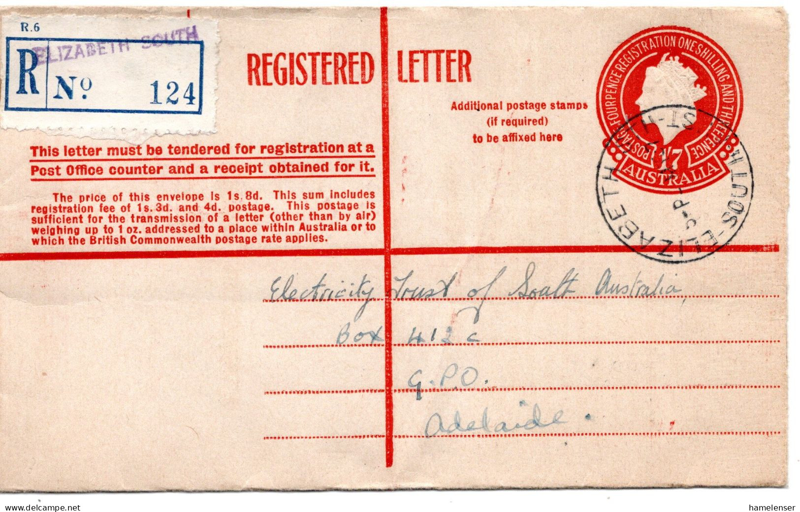 71841 - Australien - 1957 - 1'7 QEII GA-R-Umschlag ELIZABETH SOUTH -> ADELAIDE - Brieven En Documenten