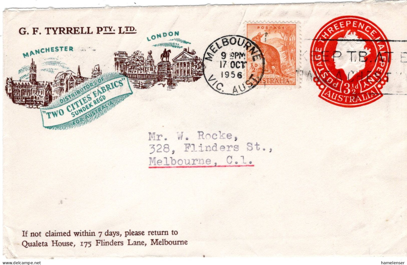 71843 - Australien - 1956 - 3,5d QEII Orts-GAU M ZusFrankatur MELBOURNE - KEEP T.B. AT BAY HAVE A CHEST X-RAY - Briefe U. Dokumente
