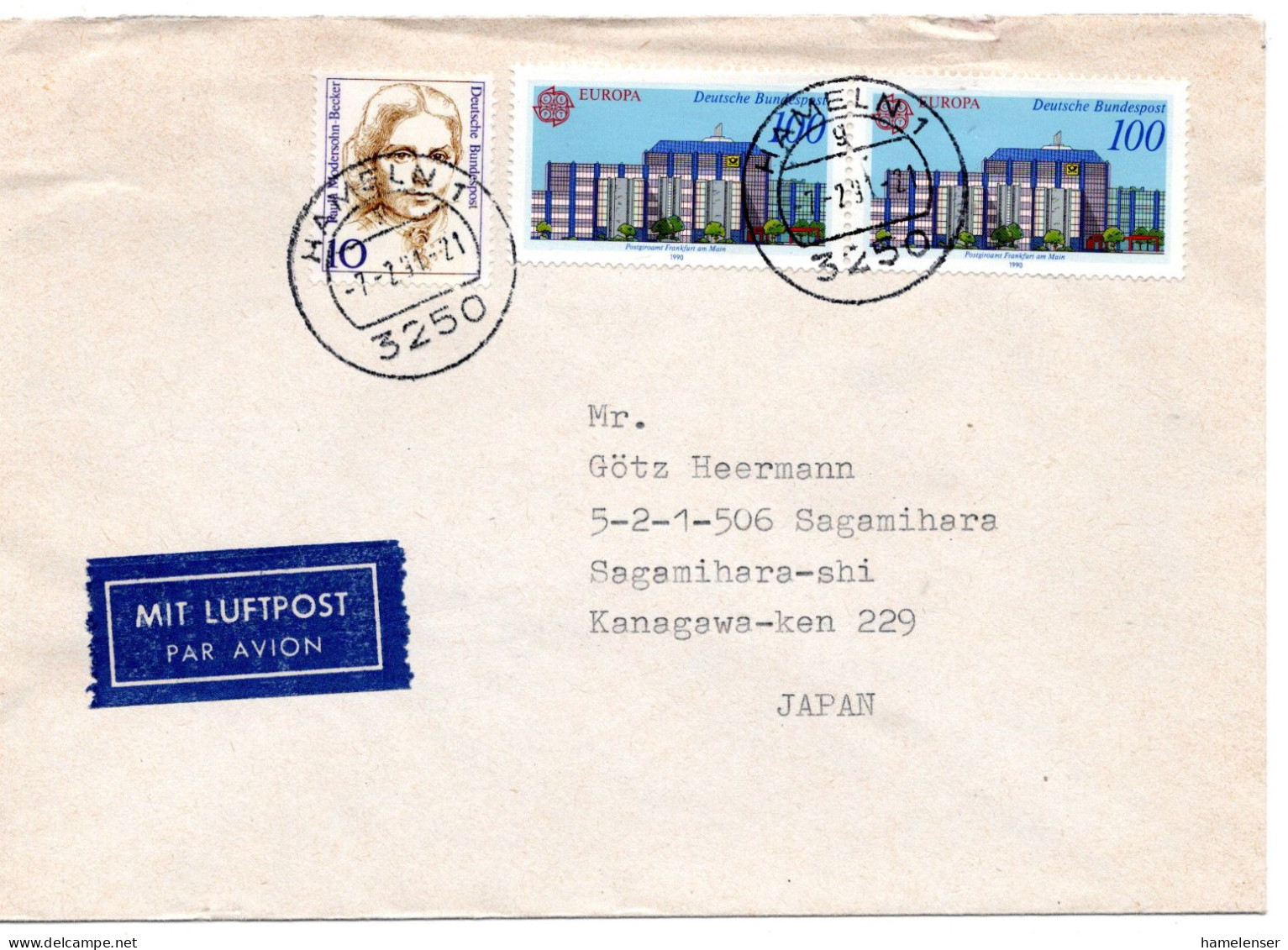 71844 - Bund - 1991 - 2@100Pfg CEPT '90 MiF A LpBf HAMELN -> Japan - Lettres & Documents