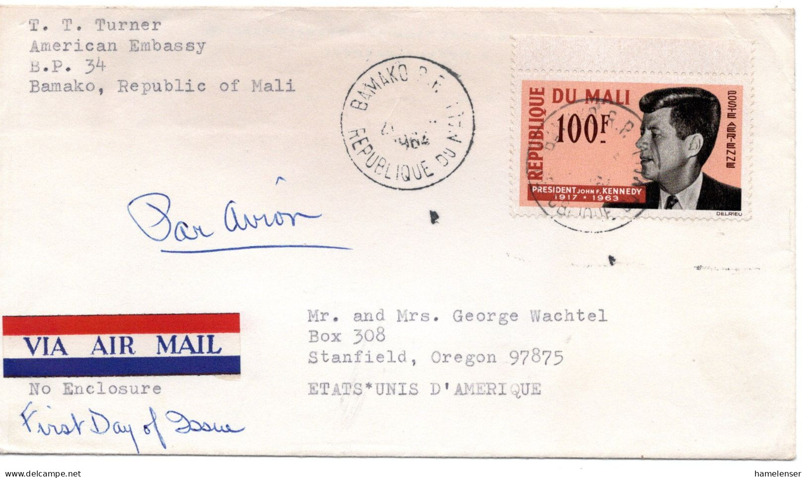 71845 - Mali - 1964 - 100F Kennedy EF A LpBf BAMAKO -> Stanfield, OR (USA) - Kennedy (John F.)