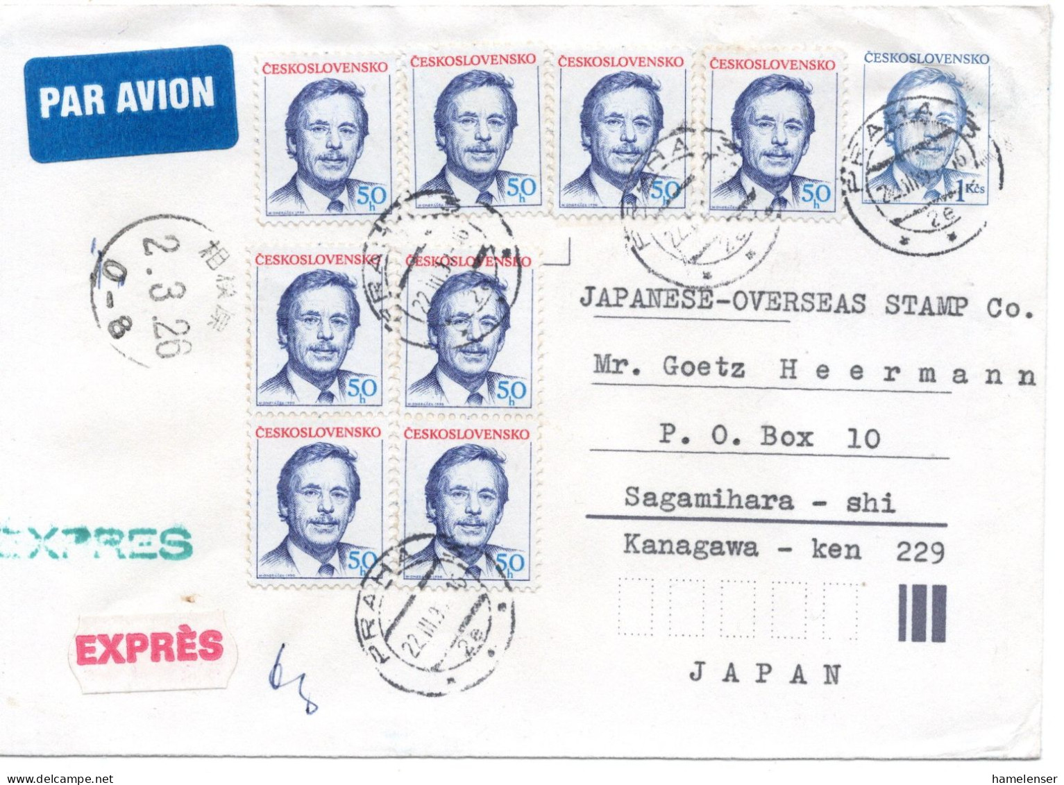 71847 - Tschechoslowakei - 1991 - 1Kcs Havel GAU M ZusFrankatur Als Eil-LpBf PRAHA -> SAGAMIHARA (Japan) - Briefe U. Dokumente