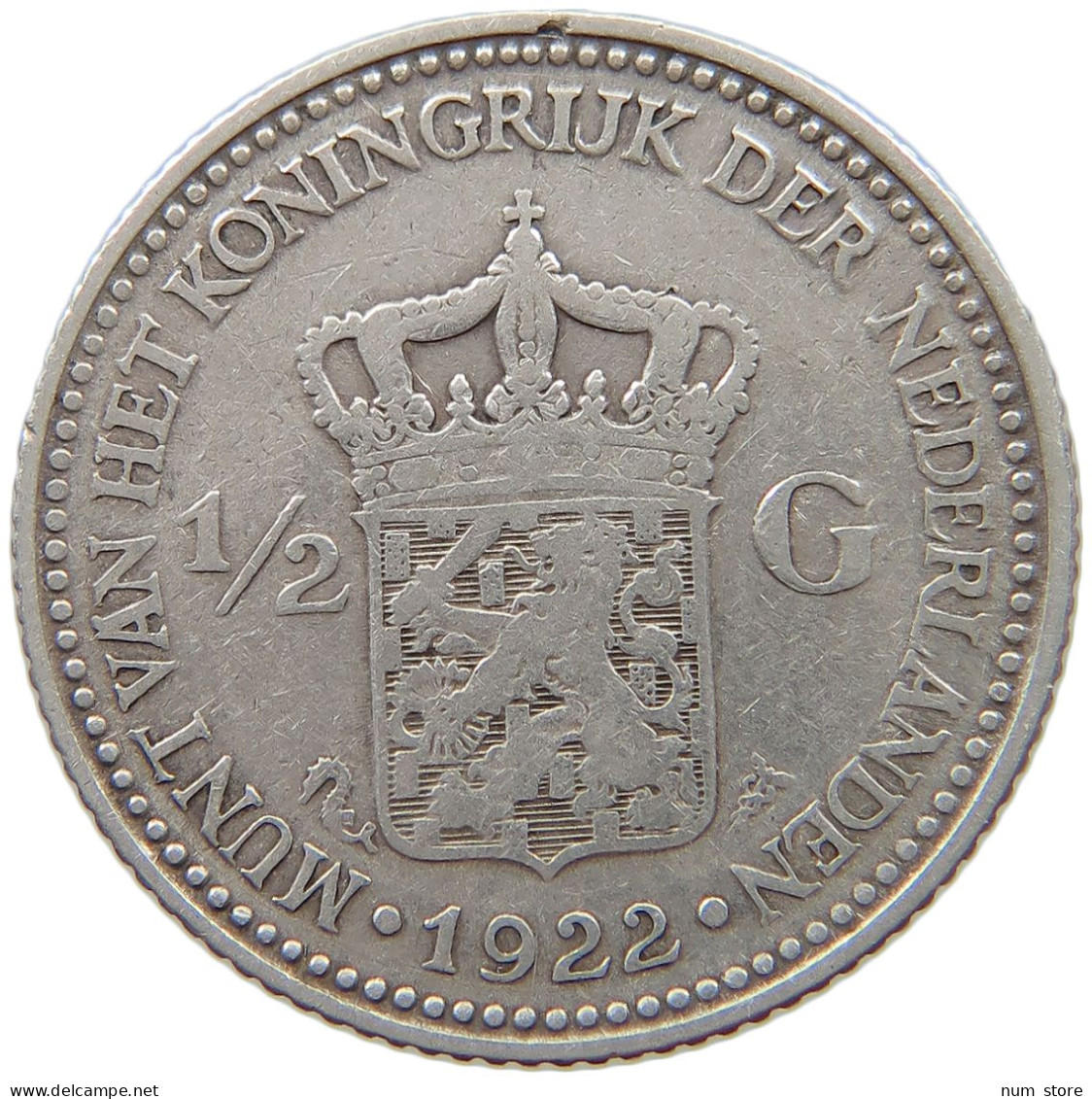 NETHERLANDS 1/2 GULDEN 1922 Wilhelmina 1890-1948 #s078 0319 - 1/2 Florín Holandés (Gulden)