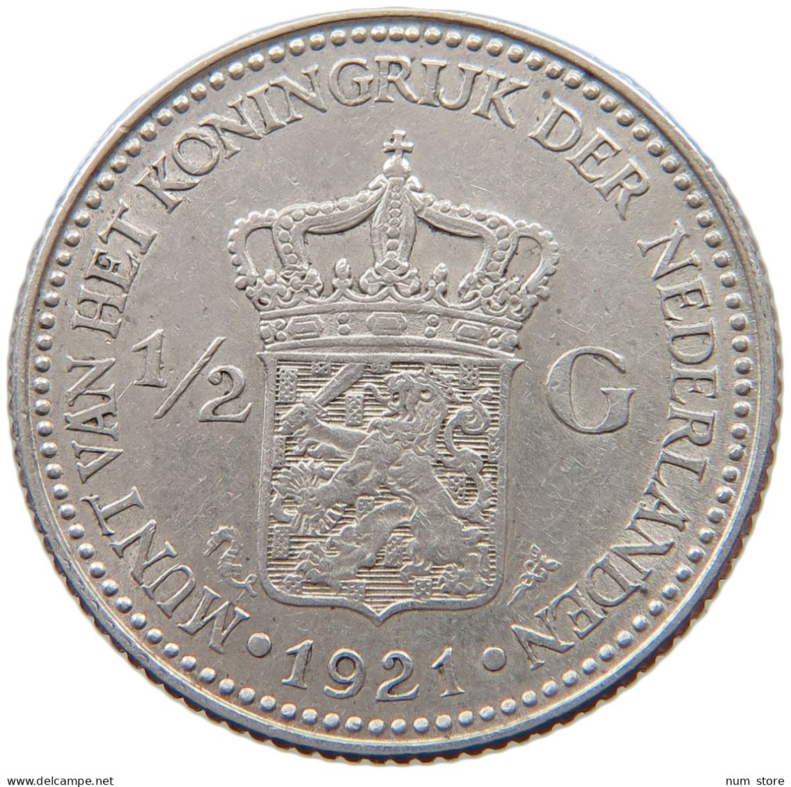 NETHERLANDS 1/2 GULDEN 1921 Wilhelmina 1890-1948 #t063 0307 - 1/2 Gulden