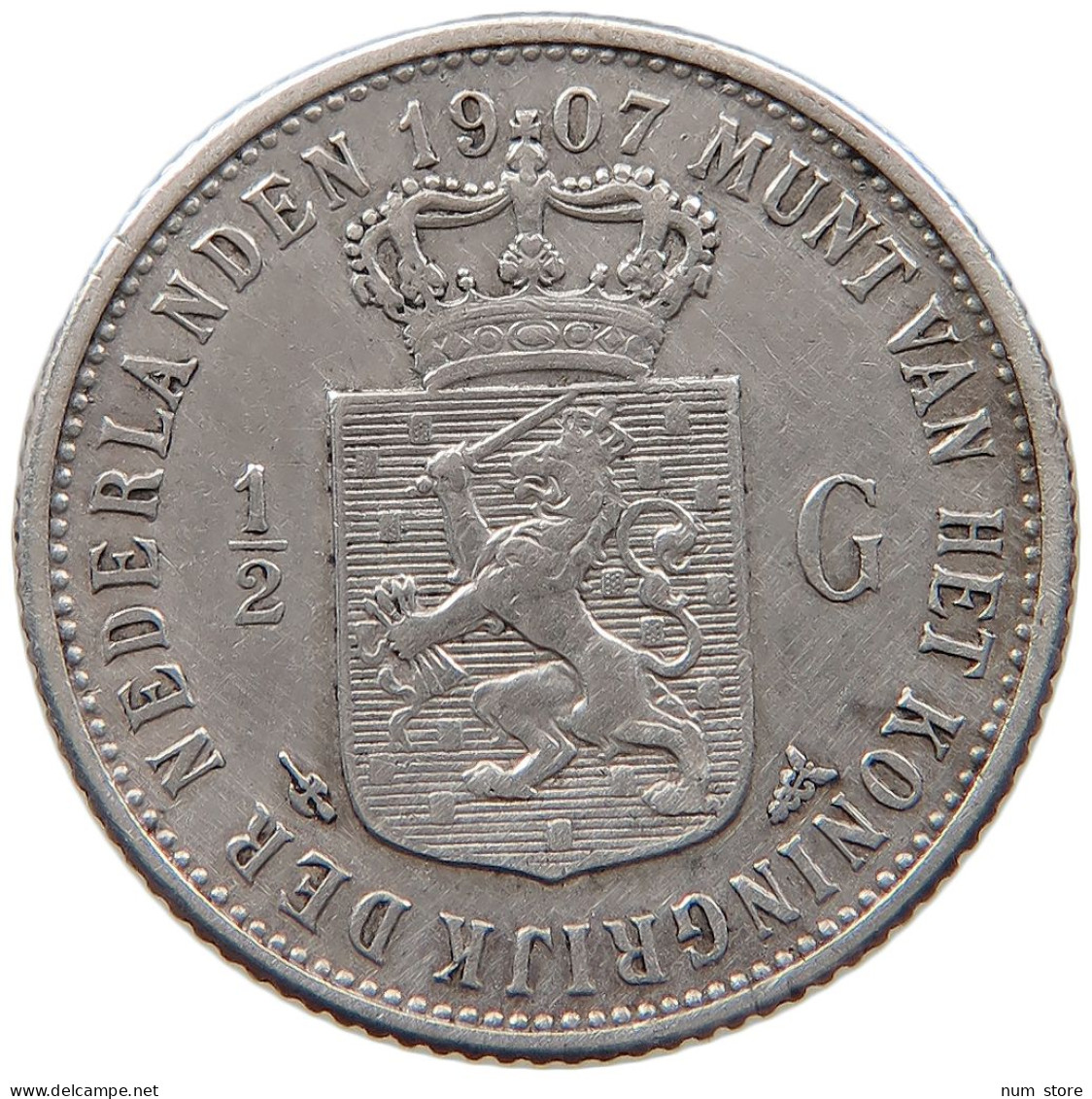 NETHERLANDS 1/2 GULDEN 1907 Wilhelmina 1890-1948 #t143 0577 - 1/2 Gulden