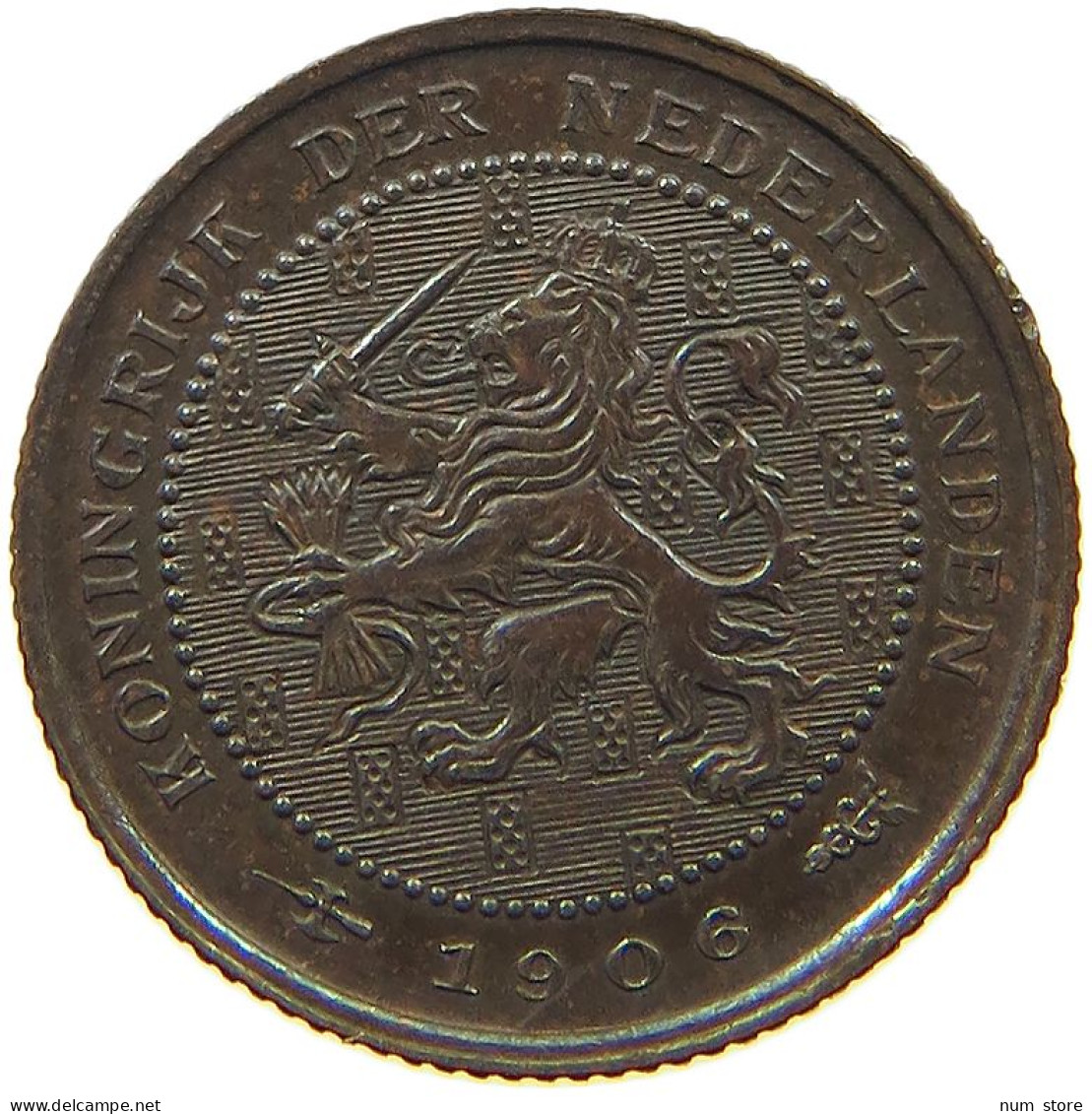 NETHERLANDS 1/2 CENT 1906 Wilhelmina 1890-1948 #c084 0473 - 0.5 Centavos
