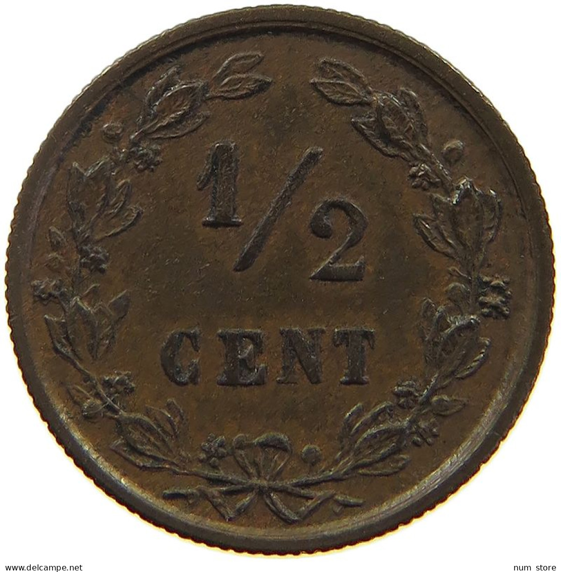 NETHERLANDS 1/2 CENT 1891 Wilhelmina 1890-1948 #a086 0201 - 0.5 Centavos