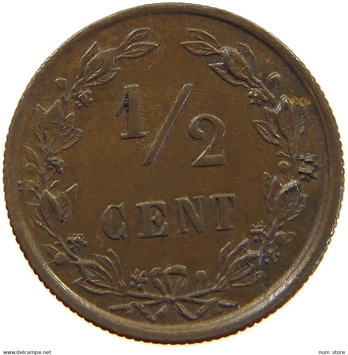 NETHERLANDS 1/2 CENT 1891 Wilhelmina 1890-1948 OFF-CENTER #c050 0077 - 0.5 Centavos