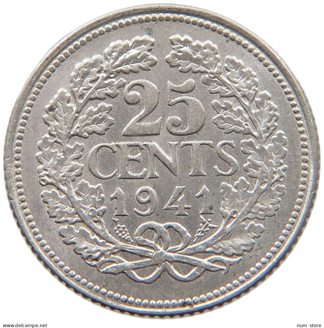 NETHERLANDS 25 CENTS 1941 Wilhelmina 1890-1948 #c004 0467 - 25 Cent