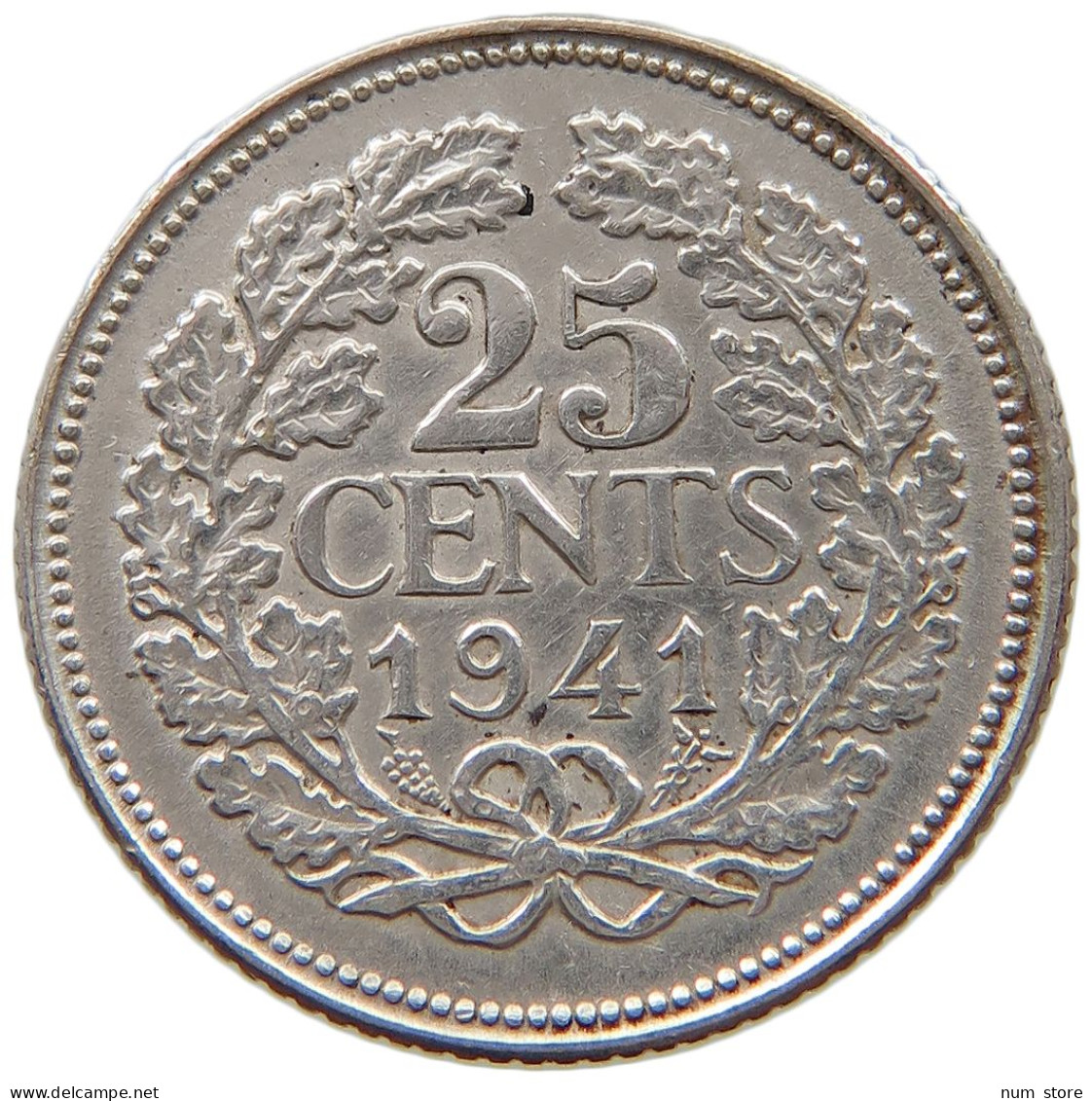 NETHERLANDS 25 CENTS 1941 Wilhelmina 1890-1948 #a057 0231 - 25 Centavos